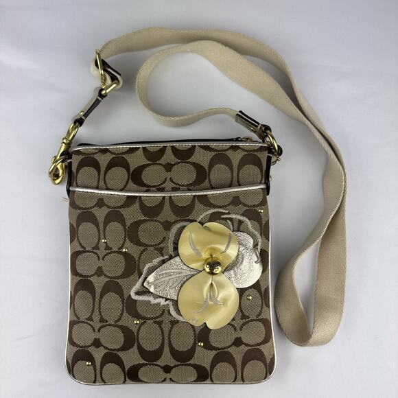Coach Crossbody Bag Purse With Large Flower, Gold & Khaki Signature Jacquard - Picture 1 of 9